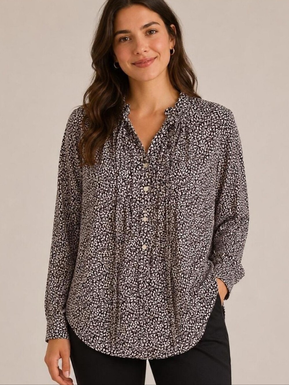LOFT black  floral print pintucked ruffle Button Up blouse Size Small P